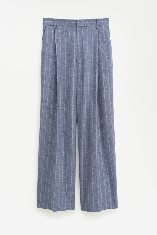 Wide Pleated Striped Trousers grey blue