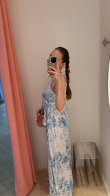 Ian Fracture Long Dress blue white combo