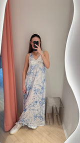 Ian Fracture Long Dress blue white combo