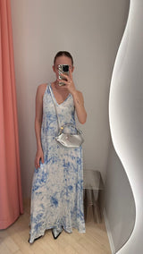 Ian Fracture Long Dress blue white combo